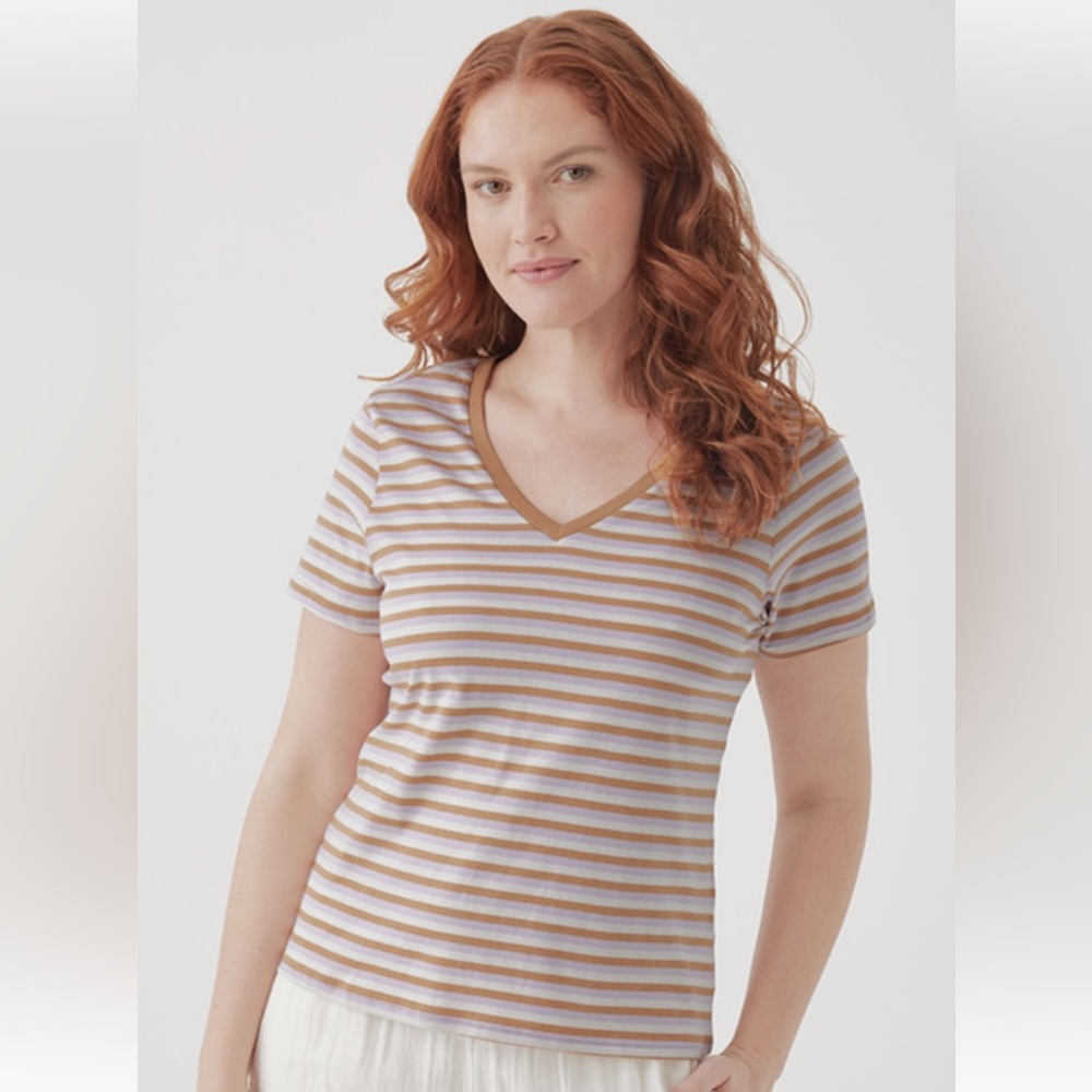 Pact Softspun V-Neck Tee in Stripes Sz L #0794